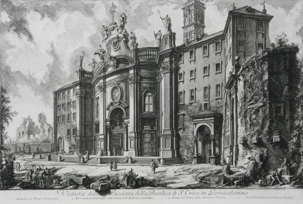Giovanni Battista Piranesi: Pohľad na baziliku S. Croce in Gerusalemme v Ríme (okolo 1765, tlačené neskôr)