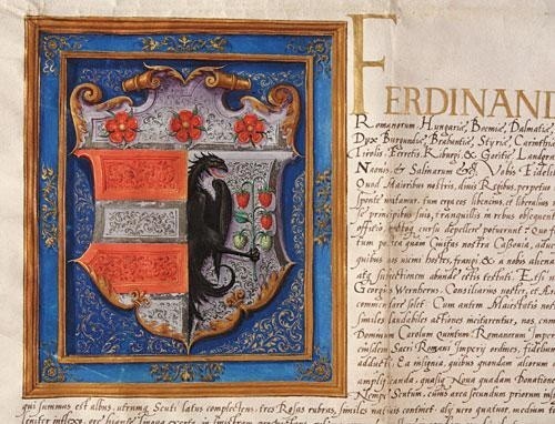 Erbová listina mesta Prešov. Vydal Ferdinand I. vo Viedni 8. mája 1548. Prešov