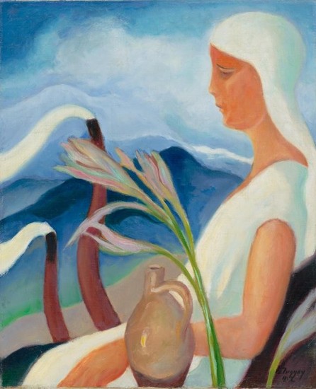 Zolo Palugyay: Dievča v bielom s továrenskými komínmi a s kvetmi (1932/1932)