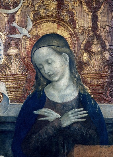Majster z Okoličného: Mária zo skupiny Zvestovania. Okolo 1510. Liptovský Mikuláš – Okoličné, Kláštorný kostol sv. Petra z Alkantary